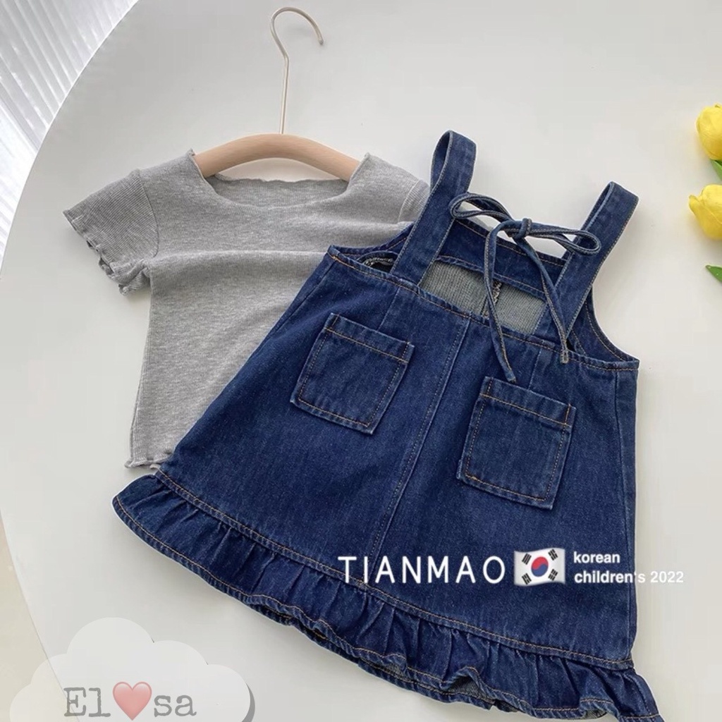 Váy bò kèm áo tăm xám bé gái