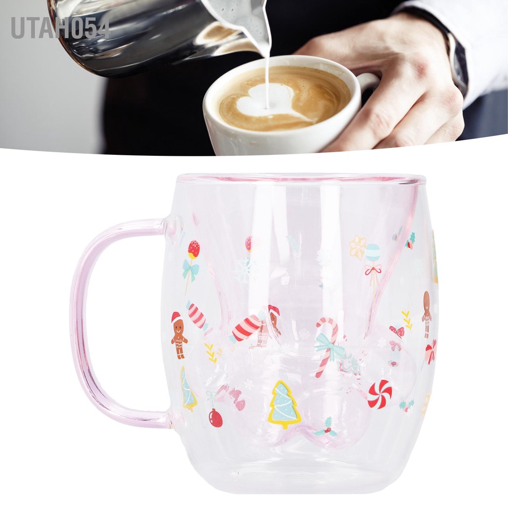 Utah054 Double Wall Cat Coffee Mugs Borosilicate Glass Dễ thương Paw Cup Cốc sữa Giáng sinh 250ml