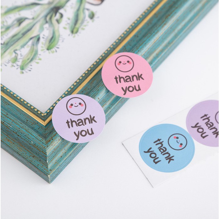 Tem nhãn dán cảm ơn, lời chúc tốt đẹp. Set 4 sticker thanks you mặt cười hình tròn, best wishes hình trái tim tự dính