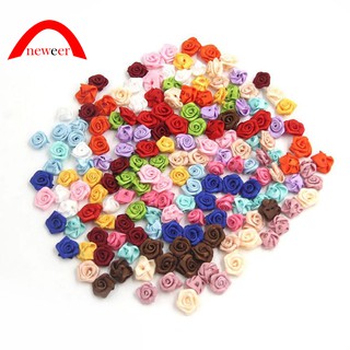 Set 100 bông hồng nhỏ handmade bằng vải satin có dây ruy băng