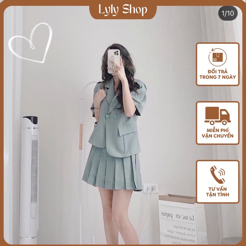 Set vest xanh pastel phối chân váy xếp ly