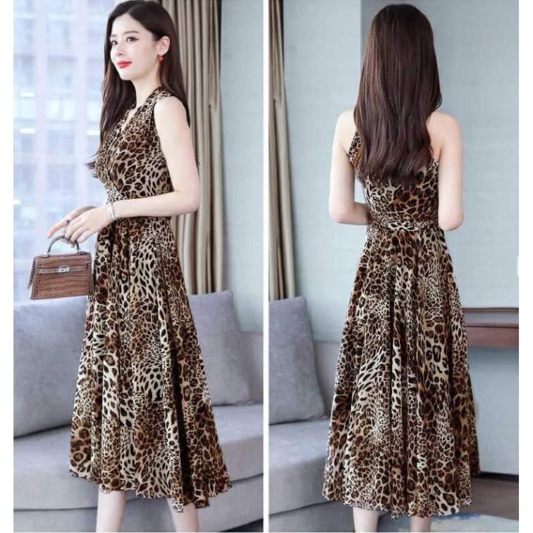 Đầm Xoè Da Báo Cổ Dắp Chéo - Váy Maxi Đi Biển, Đi Dạo Voan Lụa Nhập 2 Lớp Cho Nàng Yêu Kiều Quảng Châu | BigBuy360 - bigbuy360.vn