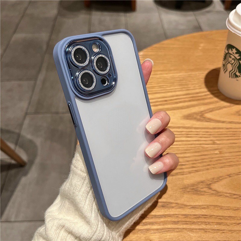 _Ốp lưng kính trong viền màu bảo vệ camera gắn đá nhũ cho iPhone 14 , 13 Pro, 13 Pro Max siêu đẹp sang trọng