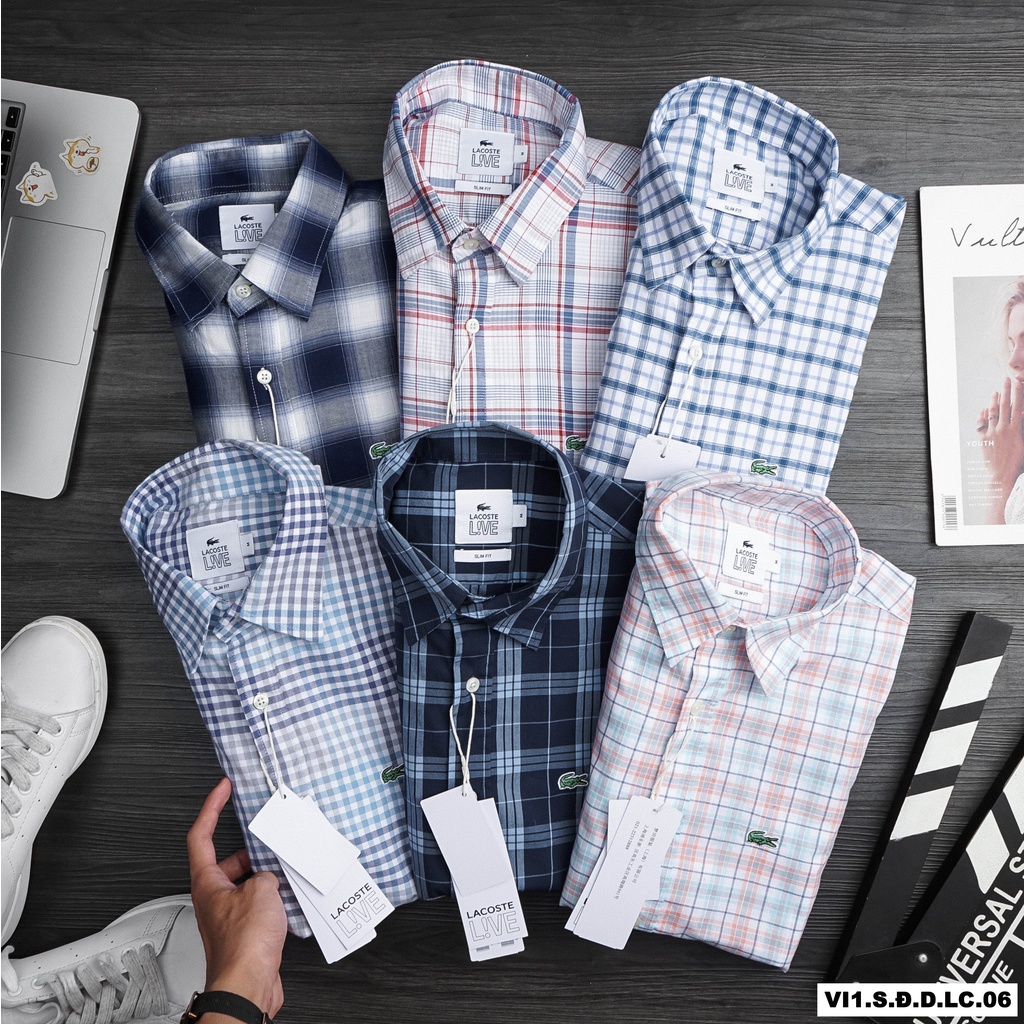 Aó sơ mi NAM kẻ Caro Lacoste (Form Slim,chất vải cotton dệt,thấm hút mồ hôi,thoáng mát,hàng VNXK)