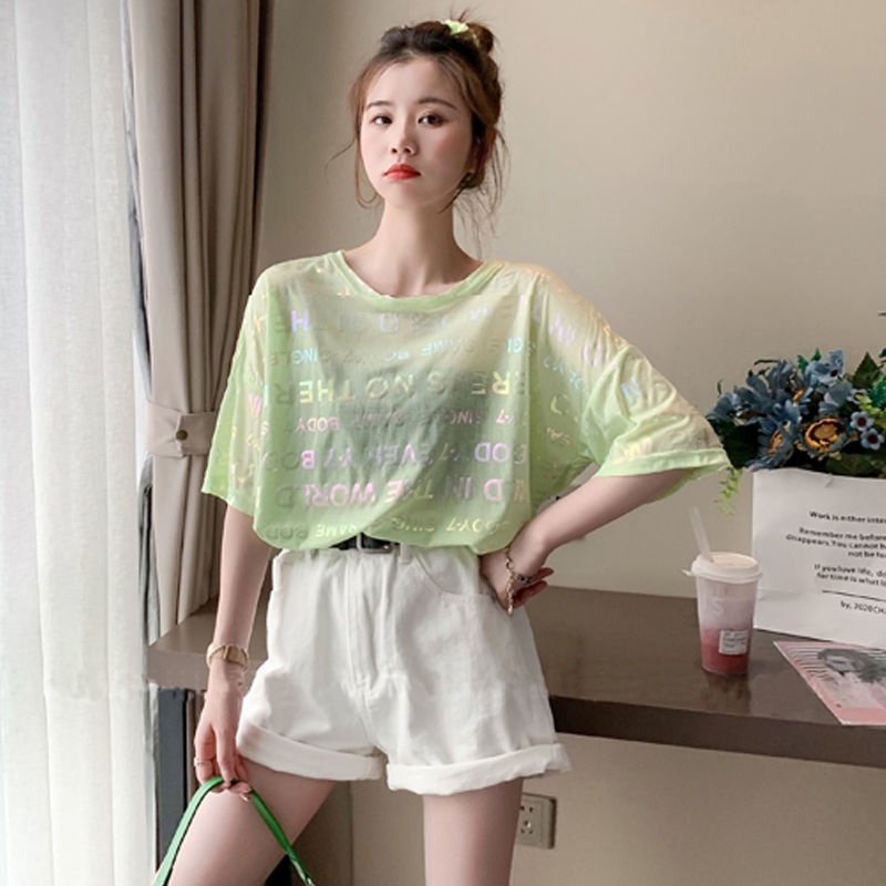 Áo Thun Tay Ngắn Dáng Rộng In Chữ Lấp Lánh Phong Cách Hàn Quốc Thời Trang Mùa Hè Cho Nữ
