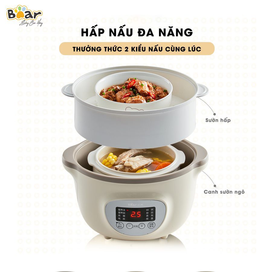 [BẢN QUỐC TẾ] Nồi Ninh Hầm Cách Thủy BEAR 1.6l Kèm 2 Thố Nhỏ 0.5l và Giá Hấp