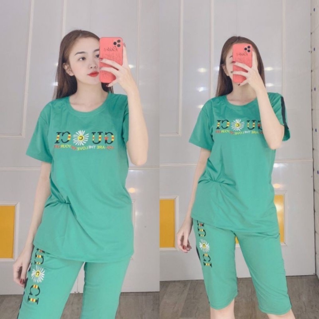 Đồ bộ nữ thun cotton co giãn thể thao bigsize dễ thương Đồ mặc nhà nữ đẹp Sét đồ bộ nữ quần đùi sọc chữ thêu ESHOP AD13