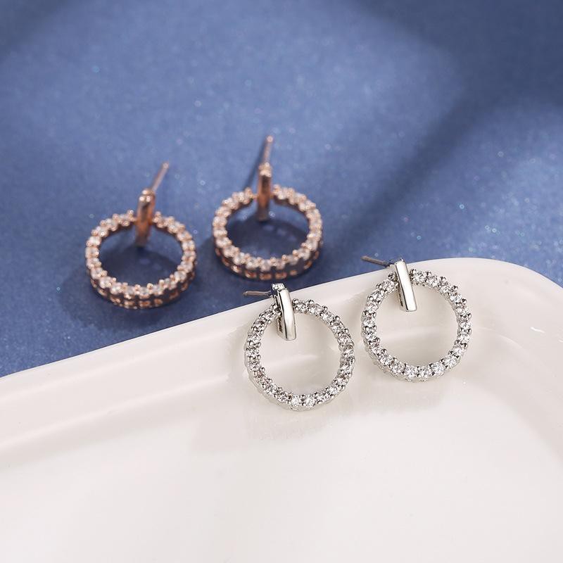 Khuyên tai dạng tròn đính đá Bông tai bạc nữ phong cách Hàn Quốc xinh xắn dễ thương