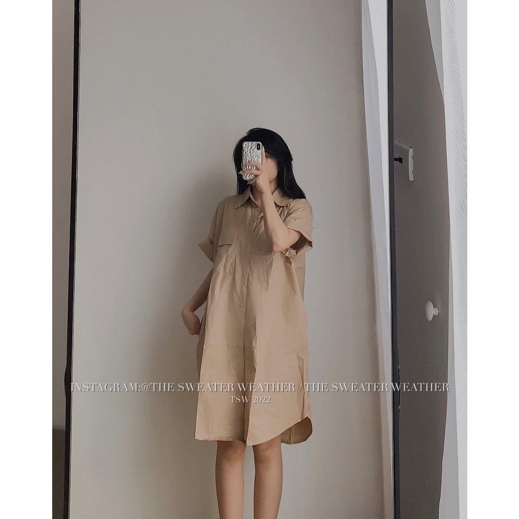 Váy sơ mi basic V.105, Váy kiểu trơn vạt cung cổ đức cộc tay túi nắp hộp ngực 3 màu năng động - Thời trang nữa Chấm Bi | BigBuy360 - bigbuy360.vn