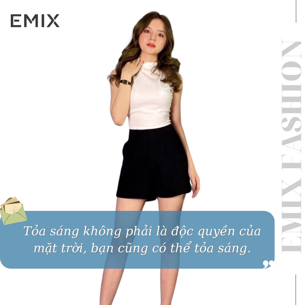 Quần đùi nữ cạp cao EMIX (3 màu), dáng ngắn, short khóa sau lưng, 2 túi bo eo, ống rộng vừa, chất tuyết mưa, mềm nhẹ 044