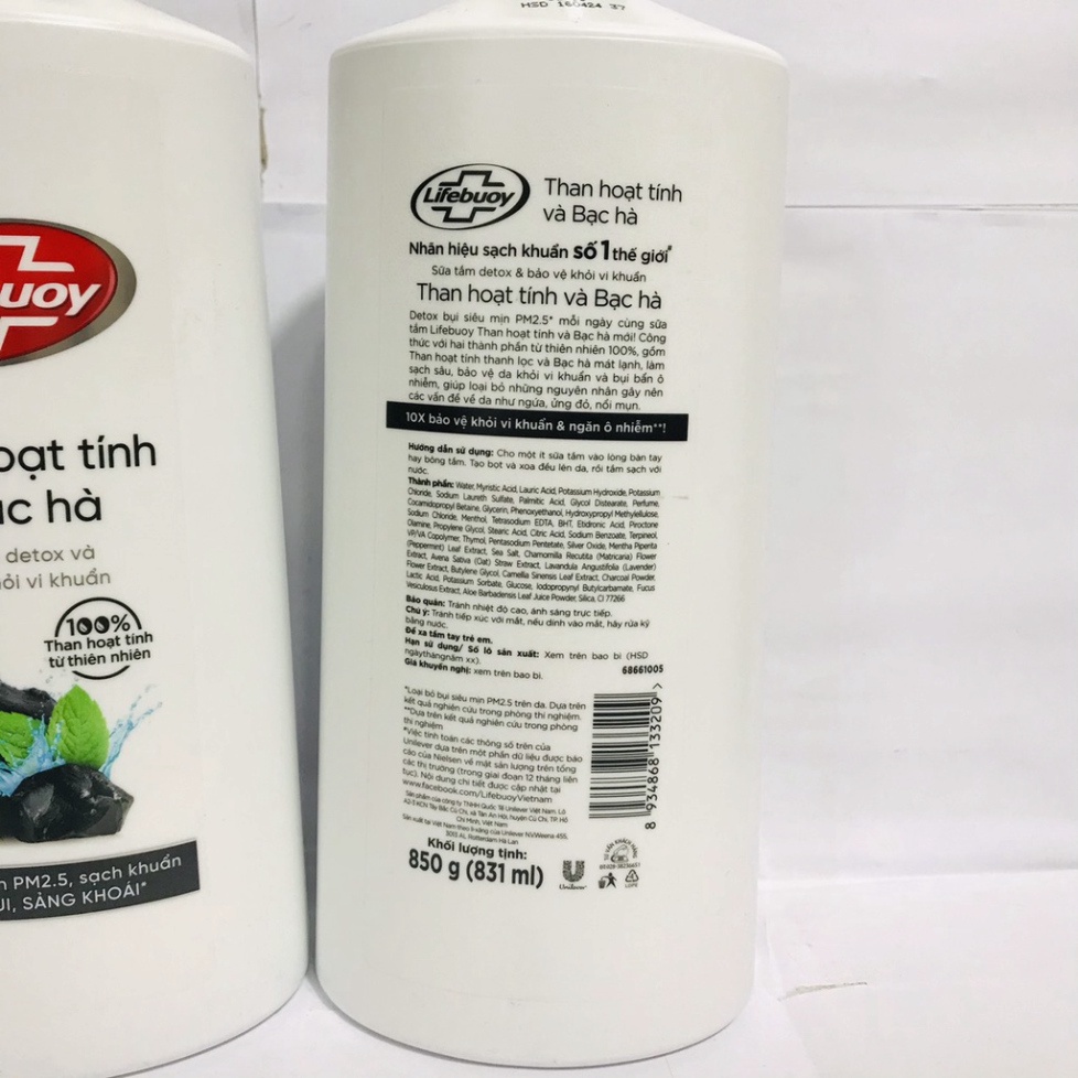 Sữa tắm Lifebuoy Detox Matcha và Than hoạt tính bạc hà bảo vệ khỏi vi khuẩn chai 850gr