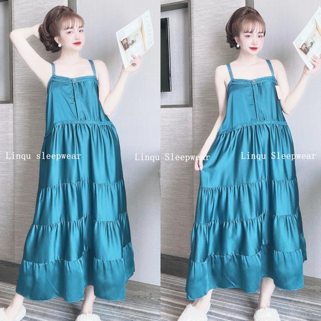 Váy Ngủ Sexy - Váy Ngủ 2 Dây Sexy Chất Satin Phối Ren mềm mát kèm quần Freesize - Linqu Sleepwear