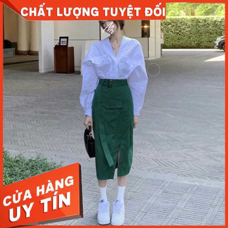 Set áo sơ mi tay dài cổ chữ V + chân váy thiết kế mới phong cách Retro Hàn Quốc (có bán lẻ) - Hàng nhập khẩu