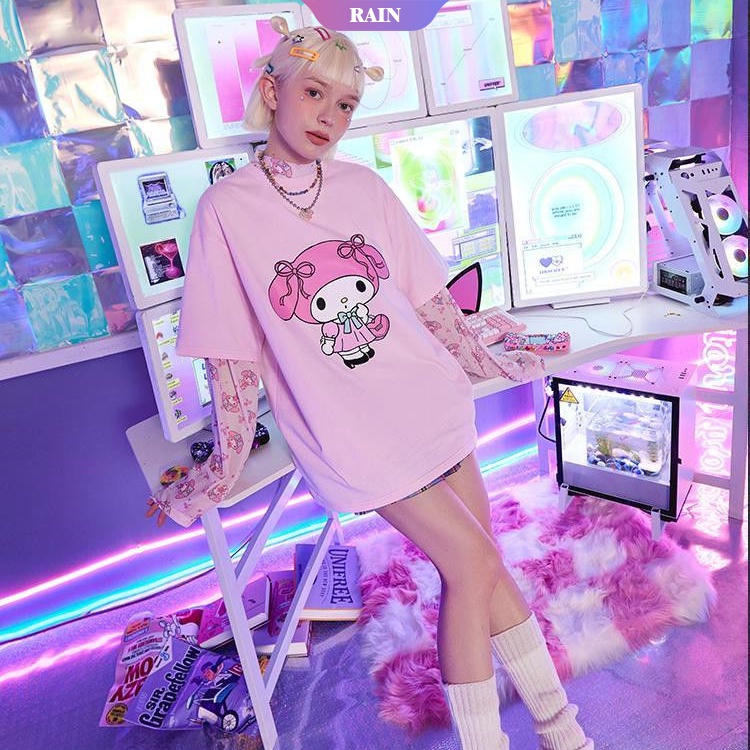 Áo Thun Tay Ngắn Dáng Rộng In Hoạt Hình Sanrio Kulomi My Melody Dễ Thương Thời Trang Xuân Hè Cho Nữ