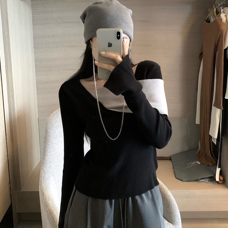 Áo Sweater Tay Dài Vạt Chéo Màu Tương Phản Độc Đáo Thời Trang 2022 Cho Nữ