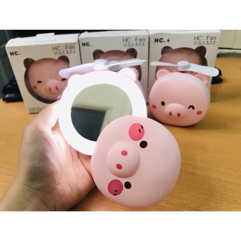 [HOT] Gương Có Đèn Kèm Quạt Mini Hình Lợn Siêu Xinh