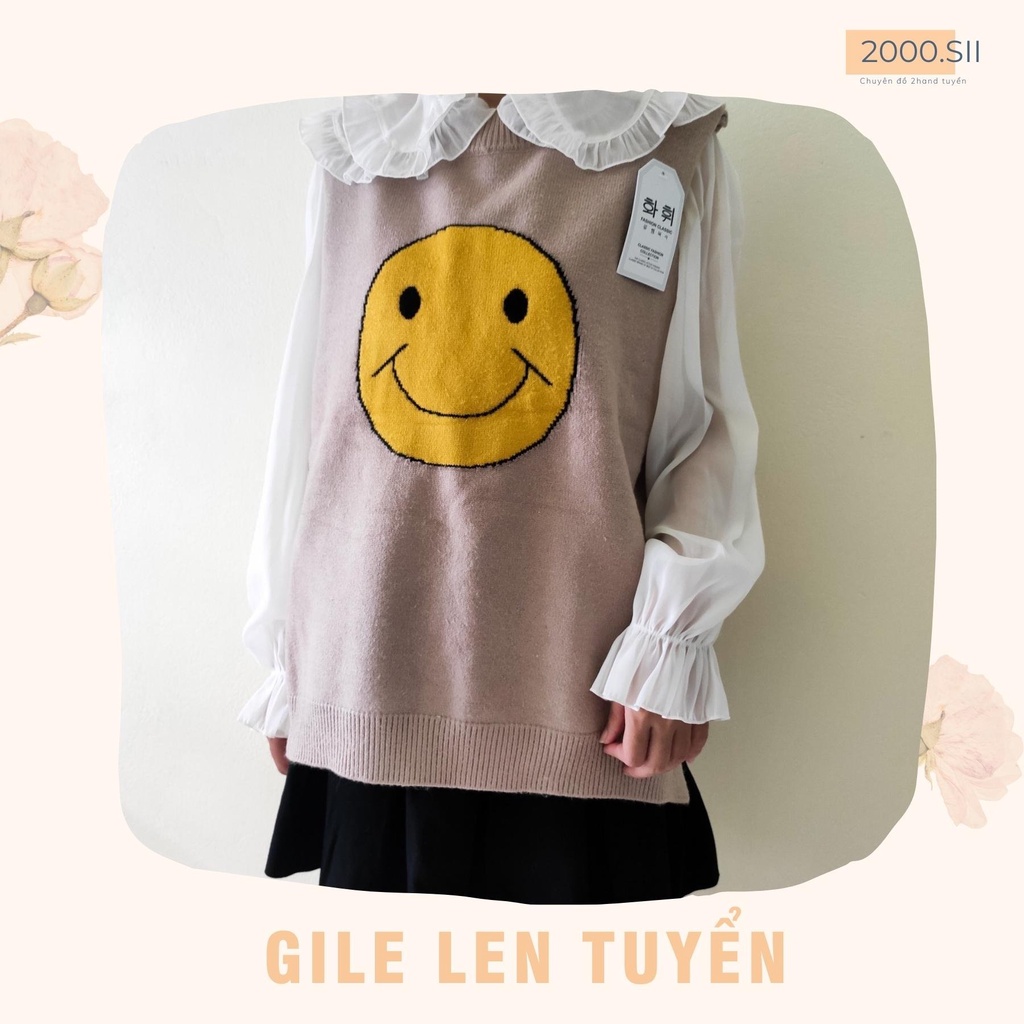 ÁO GILE LEN 2HAND hình mặt cười giá rẻ - Hàng si tuyển, chất đẹp, màu be, dáng dài, ảnh thật shop chụp