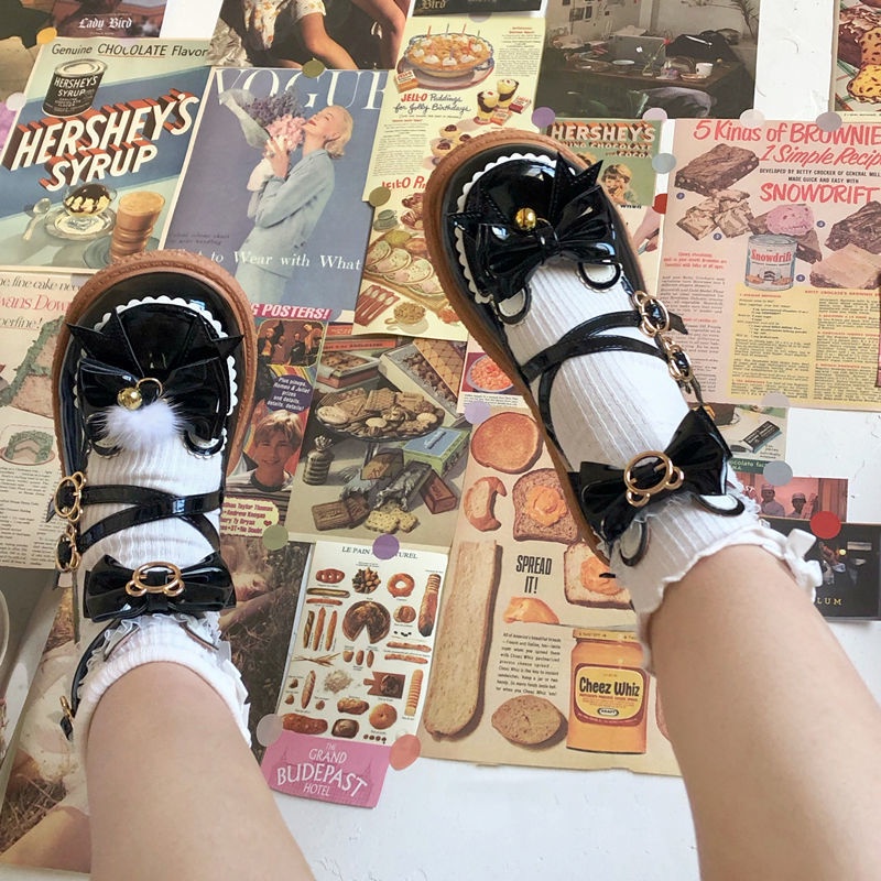 Giày Da Mũi Tròn Màu Đỏ Rượu Vang Phong Cách lolita Nhật Bản Dễ Phối Đồ Cho Nữ