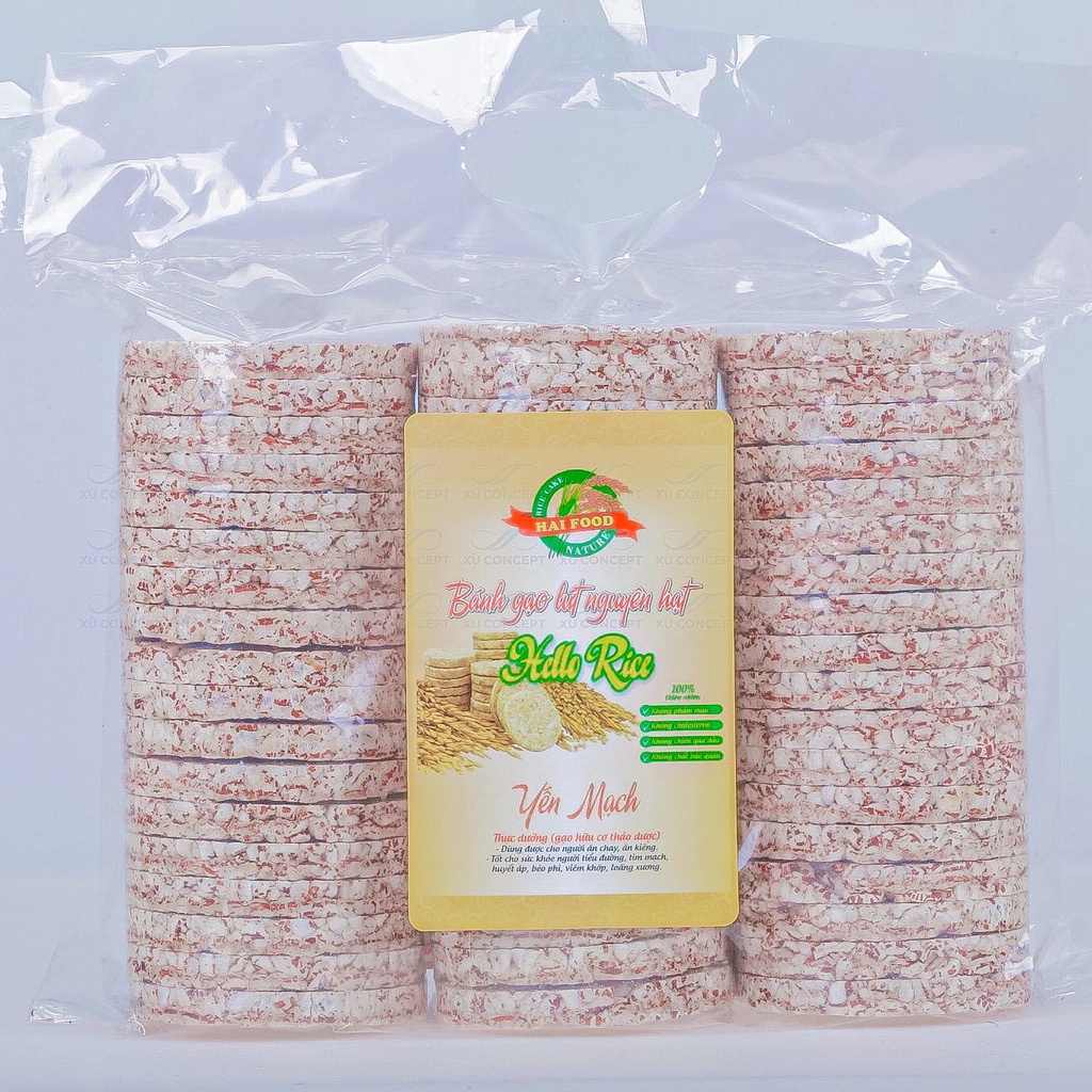 Bánh Gạo Lứt Nguyên Hạt Yến Mạch/Lứt Tím/Huyết Rồng Hello Rice Dùng Ăn Kiêng/ Eatclean / Healthy (Túi 400g) - Tôm Vàng