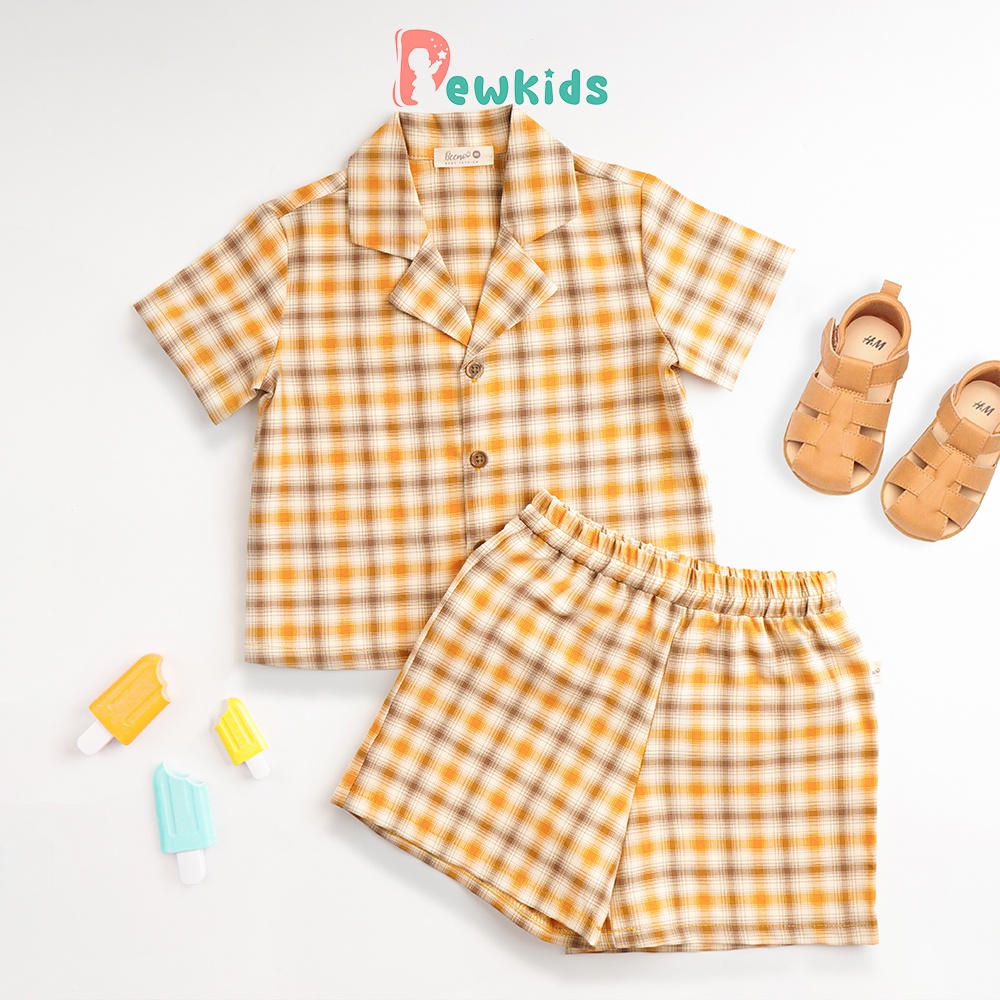 Quần áo bé trai, set bộ sơ mi Dewkids ngắn tay kẻ caro phong cách Hàn Quốc cá tính