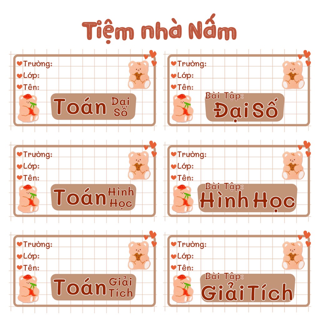 Combo Nhãn Vở Thiết Kế Theo Tên Môn Học, Gấu Nâu Lông Xù
