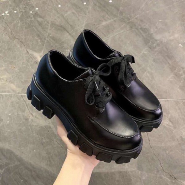 Giày Boots Ulzzang SNU02 gót vuông đế bự to dày mũi vuông phong cách Nhật Bản bóng/trơn màu đen đế độn mới hot