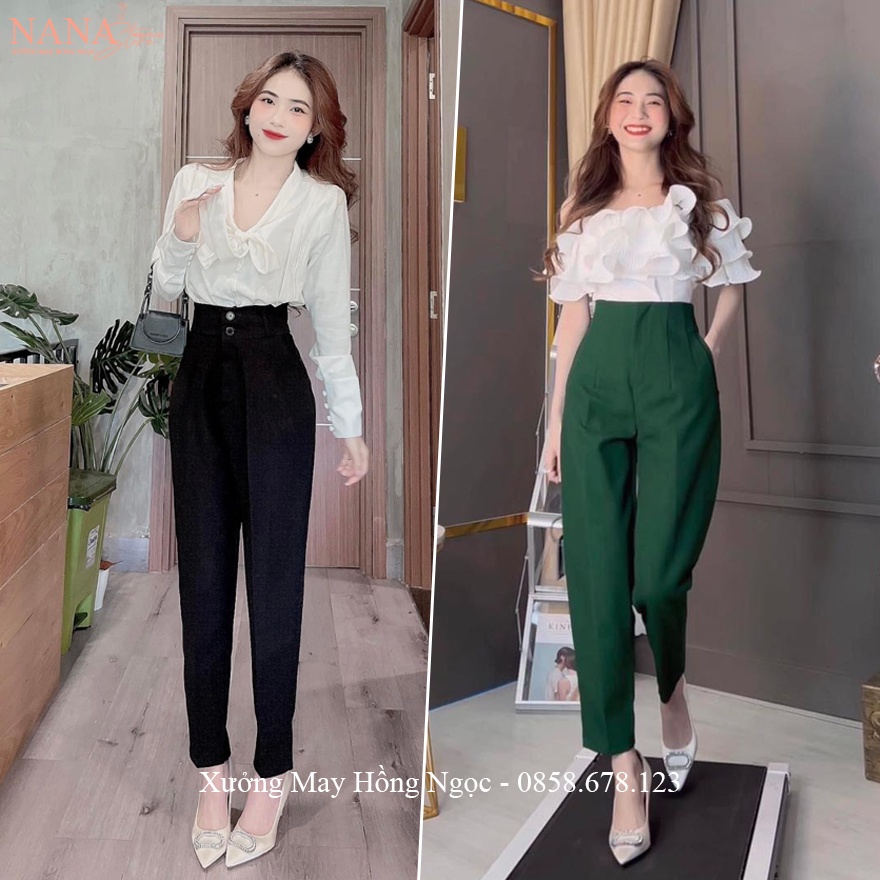 Quần tây nữ lưng cao cạp 2 nút đi học làm công sở ống đứng dài màu Đen - Quần vải nữ công sở cạp cao đi học thoải mái
