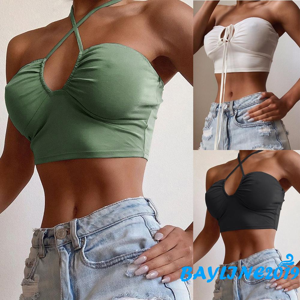 Áo Không Tay Cổ Yếm Dây Đan Chéo Màu Trơn Gợi Cảm Thời Trang Cho Phụ Nữ