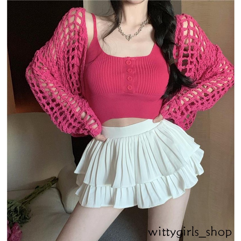 Wittygirls_ Shop | Áo Khoác Cardigan Dệt Kim Tay Dài Dáng Rộng Phối Lưới Thời Trang Mùa Thu