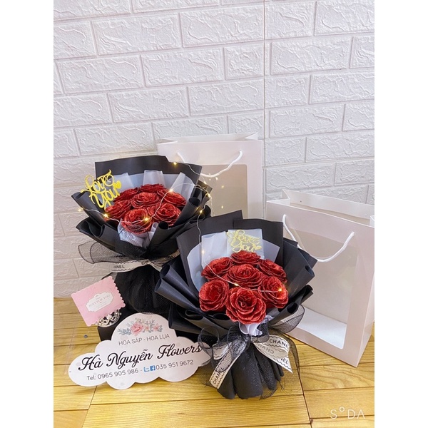 [quà sinh nhật-quà 14/2] Combo Bó hoa hồng nhũ 7 bông tặng kèm Túi + Thiệp như hình