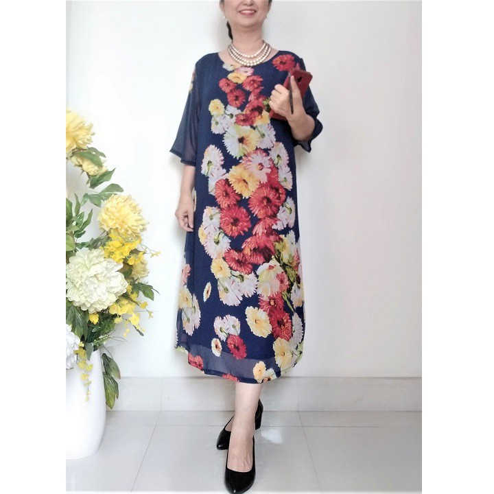 Váy Đầm Trung Niên Size 2XL- Vải Voan Sang Trọng - Form Suông Chữ A Che Bụng