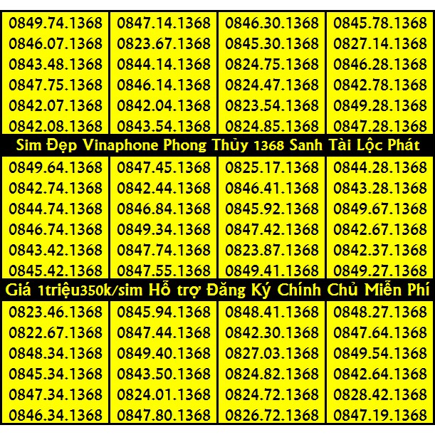 Sim Đẹp VINA Phong thủy 1368 ĐỒNG GIÁ 1 triệu 350k HỖ TRỢ ĐĂNG KÝ CHÍNH CHỦ