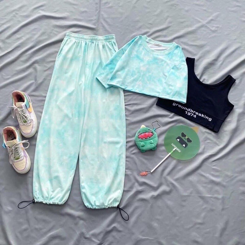 [NGUYÊN SET] Set áo croptop + bra đen + quần dài loang màu | BigBuy360 - bigbuy360.vn