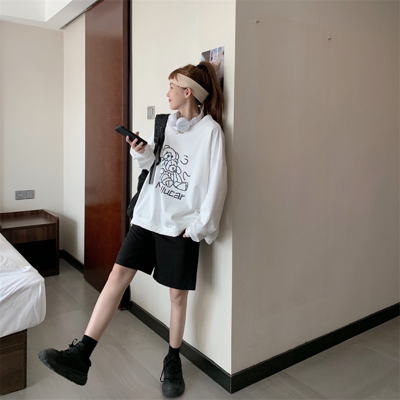 ZHELIHANGFEI Áo Sweater Tay Dài Cổ Tròn Form Rộng Họa Tiết In Theo Phong Cách Preppy Dễ Phối Đồ