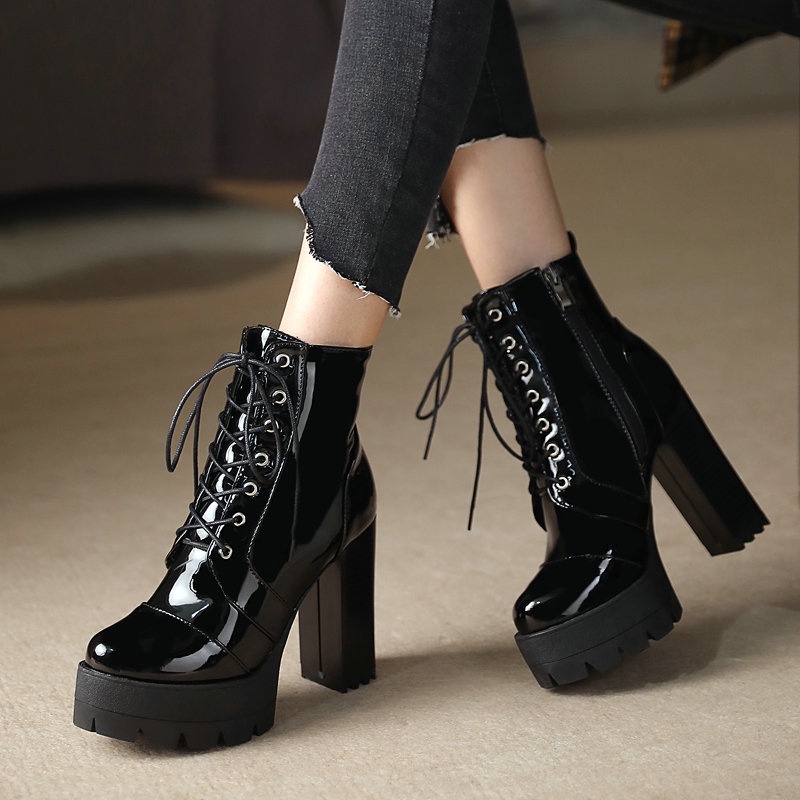 (Ảnh thật) Giày boot nữ cao gót da bóng cột dây SÀNH ĐIỆU GBN104