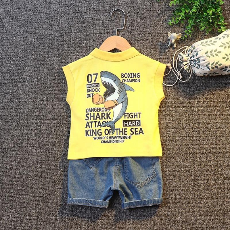 Children Boy Sleeveless Letters Pattern Vest+Denim Shorts