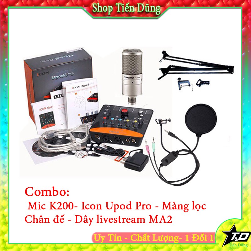 Combo mic thu âm Taksar PC K200 Full và Sound card icon Upop Pro chân màng dây live stream MA2 - Trọn bộ thu âm