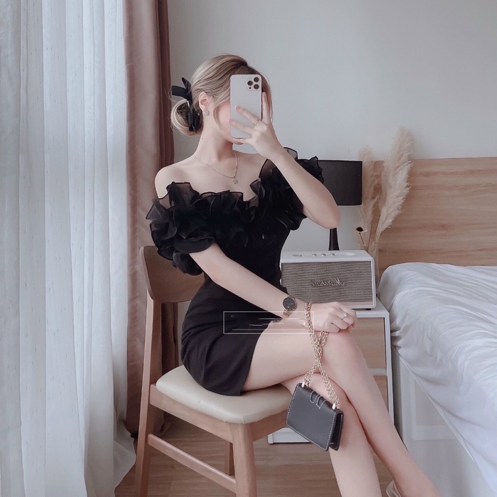 Đầm Trễ Vai ❤️FREESHIP❤️ Dáng Xòe Bèo Ngực Phối Voan Xinh Xắn
