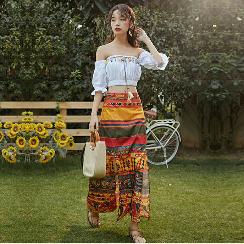Set Áo Trễ Vai Trắng Chân Váy Thổ Cẩm Sống Ảo Cực Chất