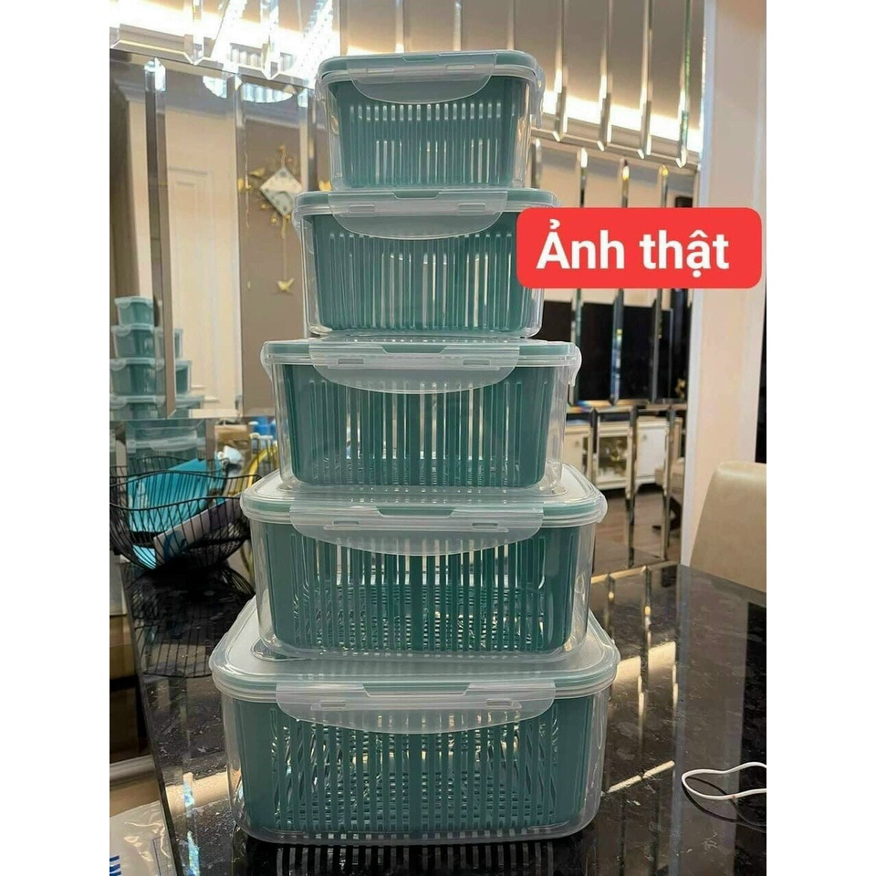 Bộ 5 hộp đựng thức ăn có nắp đậy, có rổ đựng tách nước giã đông giúp bảo quản đồ ăn ngon hơn tặng kèm 01 bộ bắc nồi