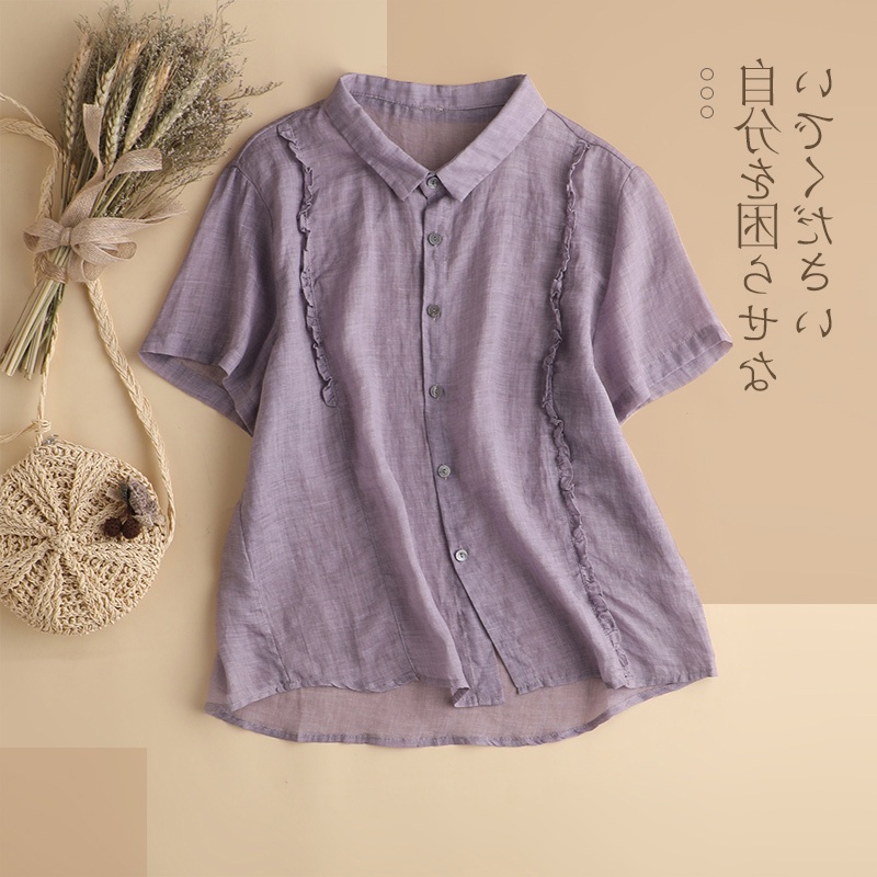 Áo sơ mi vải lanh cotton băng phối ren ngắn tay mỏng phong cách Nhật Bản