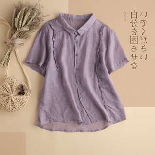 Áo sơ mi vải lanh cotton băng phối ren ngắn tay mỏng phong cách Nhật Bản