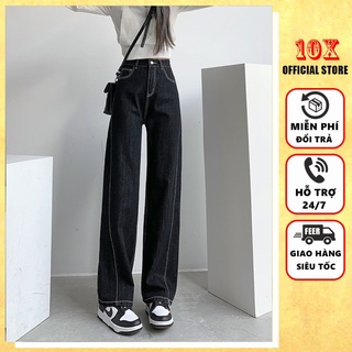 Quần jean ống rộng ulzzang chỉ nổi cá tính trẻ trung, Quần jean nữ ống suông rộng cạp cao Hàn Quốc