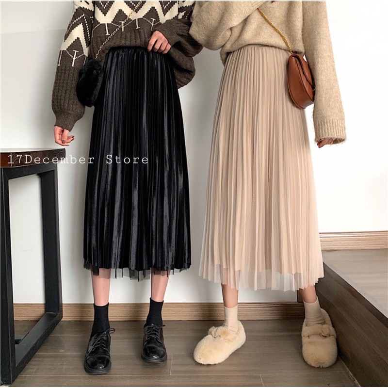 Chân Váy Midi Xếp Ly✨CHÂN VÁY NHUNG PHA REN DÁNG DÀI | BigBuy360 - bigbuy360.vn