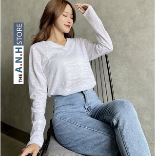 Áo thun giấy xược cổ v, tay dài nữ anhstore , áo cổ tim tay dài chất thun giấy, xược cotton thời trang