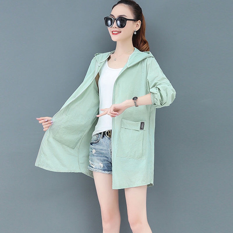 Áo khoác YEYA chống nắng mỏng tay dài màu trơn có khóa kéo dài đến giữa đùi cho nữ