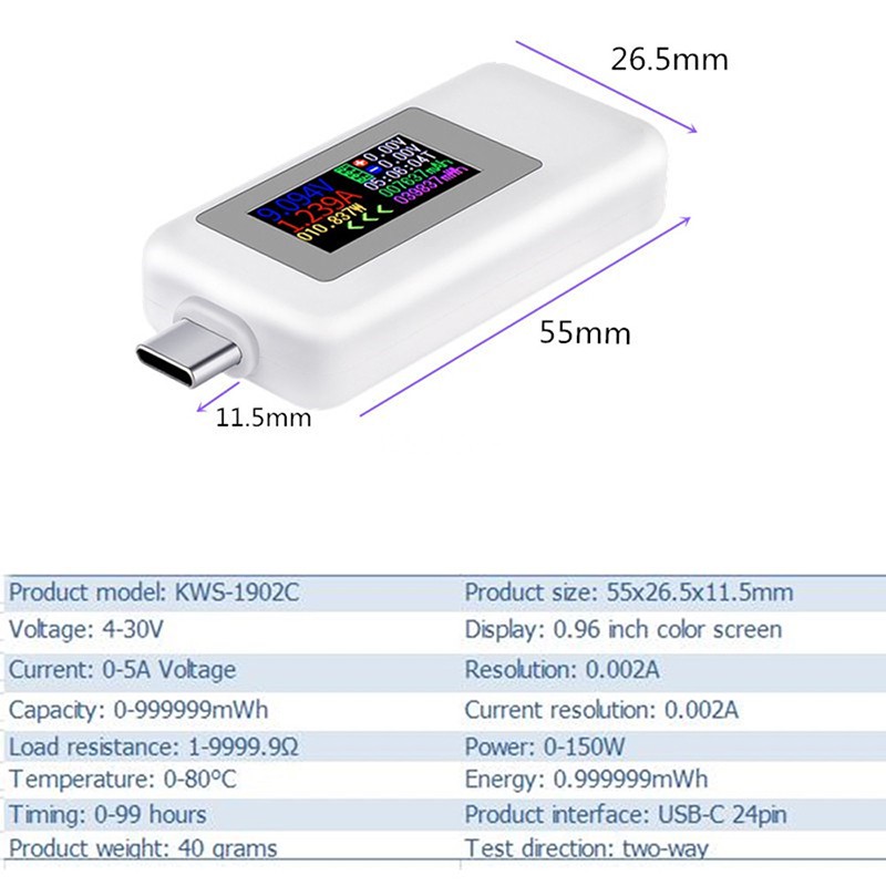 Màn hình màu 10 trong 1 Bộ kiểm tra DC Type-C 0-5A Bộ sạc USB điện áp 4-30V hiện tại Bộ đo năng lượng Máy dò pin di động