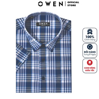 Áo Sơ Mi Nam Ngắn Tay Owen BA22554NT Sơ Mi Cộc Tay Công Sở Cao Cấp Màu Xanh Navy Kẻ Caro Vải Sợi Tre Body Fit Tà Bằng