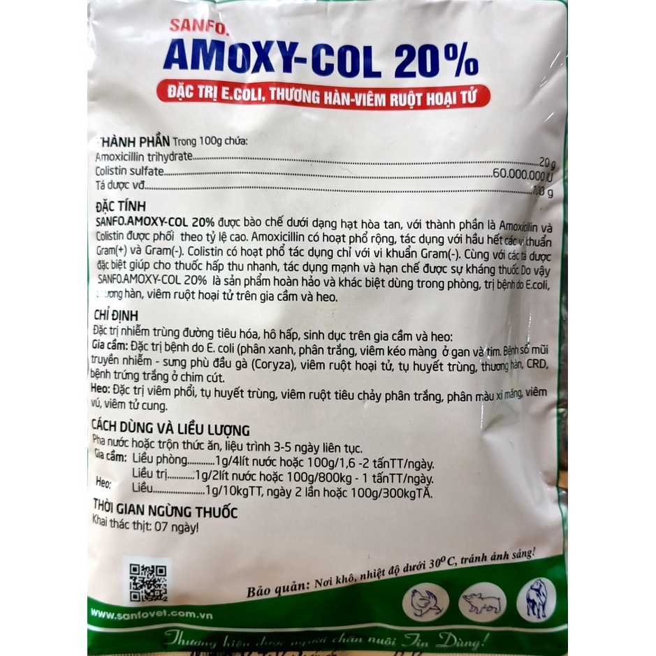 Sanfo. AMOXY - COL 20% Đăc. Tri. Ecoli, thương hàn...  Thành phần Amox 20% và Colis 60 triệu