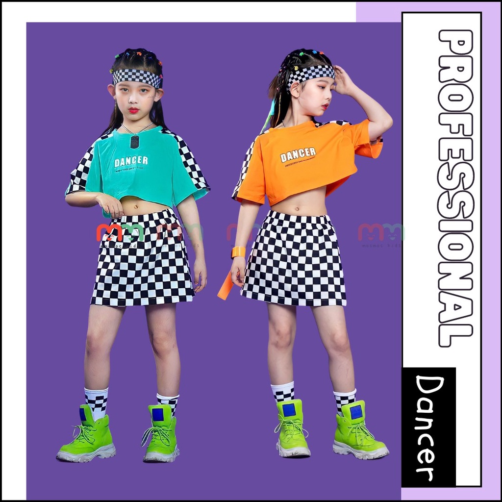 Set áo váy nhảy hiện đại cho bé gái áo croptop, váy chữ A kèm chip trong thun cotton cao cấp bé 18kg- 44kg